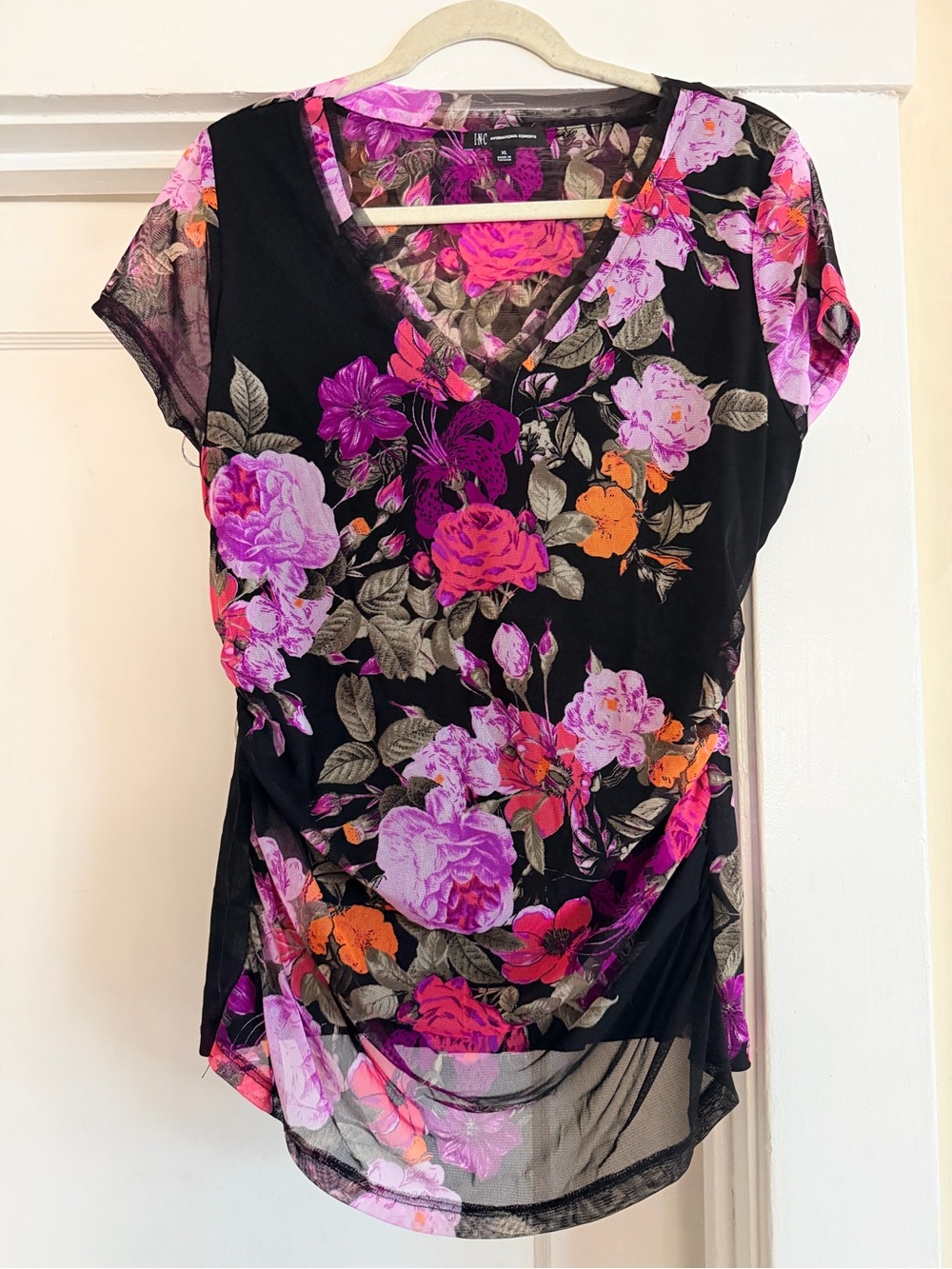 INC International Concepts Black Floral V-Neck Tunic with Pink & Orange Blooms